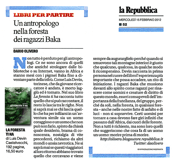La Repubblica - Recensione del libro La foresta ti ha, di Luis Devin