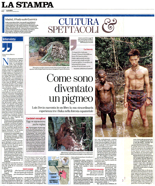 La Stampa - Intervista a Luis Devin sui pigmei Baka e sul libro La foresta ti ha